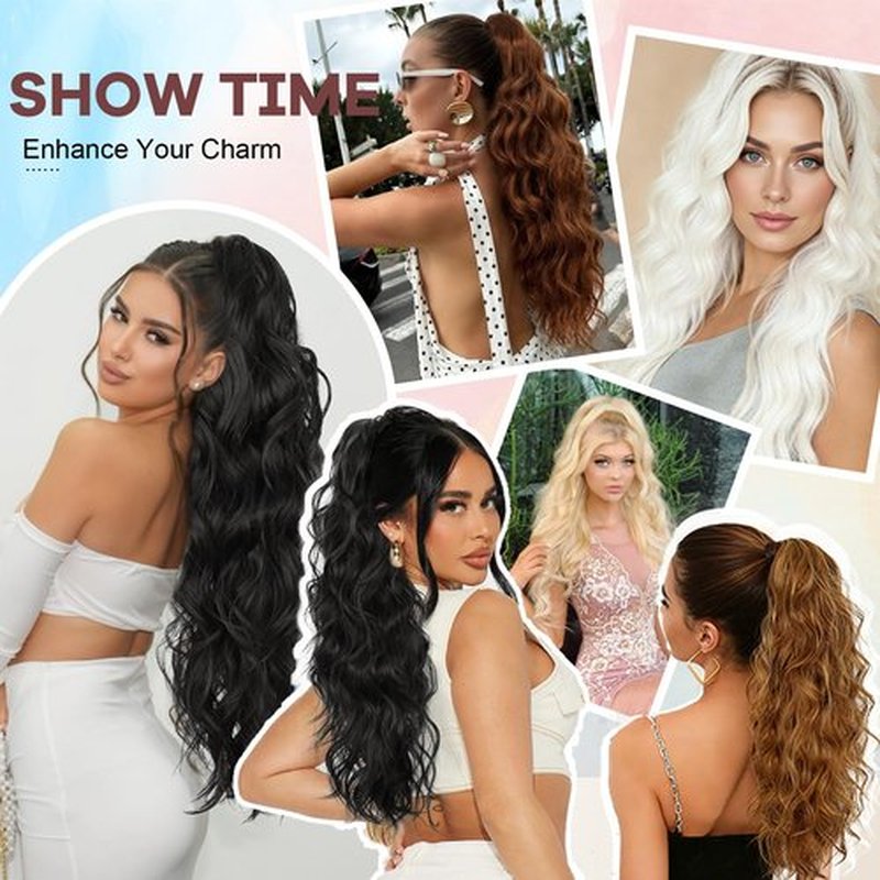 LRSICAL Ponytail Extension, Claw Clip Ponytail Extension Long Wave Black Ponytail Extensions for Women Fluffy Natural Synthetic 26 Inch Hairpiece for Daily Use