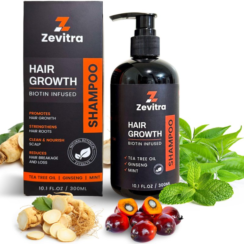 Zevitra Hair Growth Shampoo - Biotin Infused Natural Botanical Formula with Tea Tree Oil, Ginseng & Mint for Stronger Hair and Healthy Scalp - 10.1 FL.OZ / 300ML
