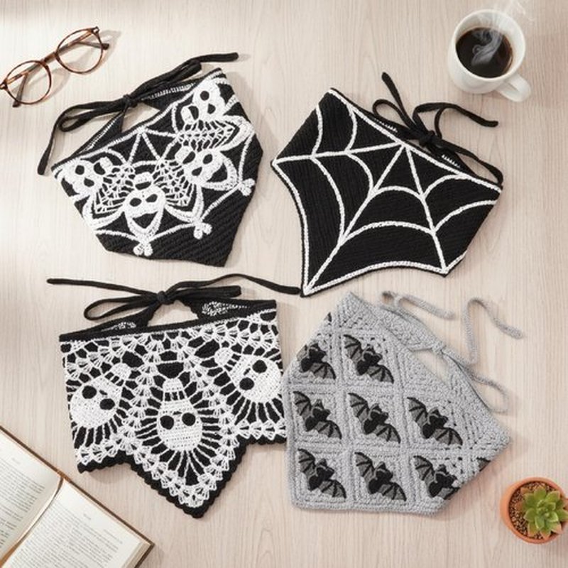 JATEBI 4 Pcs Skull Headbands Bat Crochet Bandanas Headband Spiderweb Gothic Head Scarf Knitted Triangle Hairband Halloween Hair Styling Accessories for Women