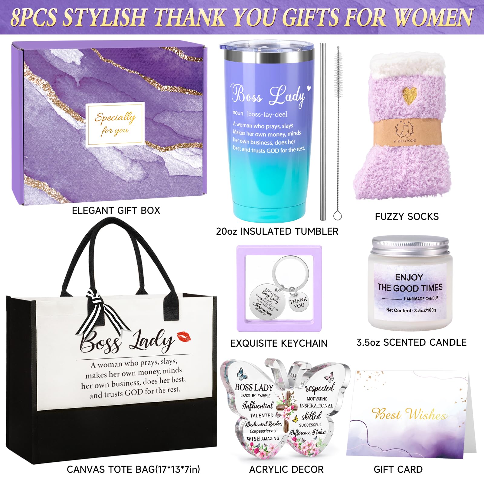 Thank You Gifts for Women, Boss Day Gift Set w/Canvas Tote Bag Tumbler, Birthday Christmas Appreciation Gift Basket for Women