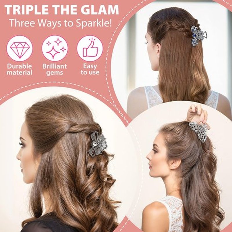 kilofly 3pc Vintage Crystal Hair Claw Clips Long Thick Hair Metal Clamps