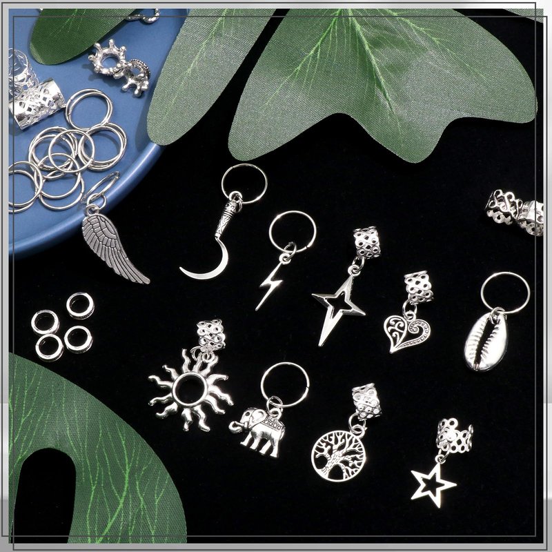 VENOFEN 219PCS Hair Jewelry for Braids Silver Shells Star Braid Clips Snake Loc Charms Metal Hair Cuffs Rings Braid Accessories Hair Decoration for Women