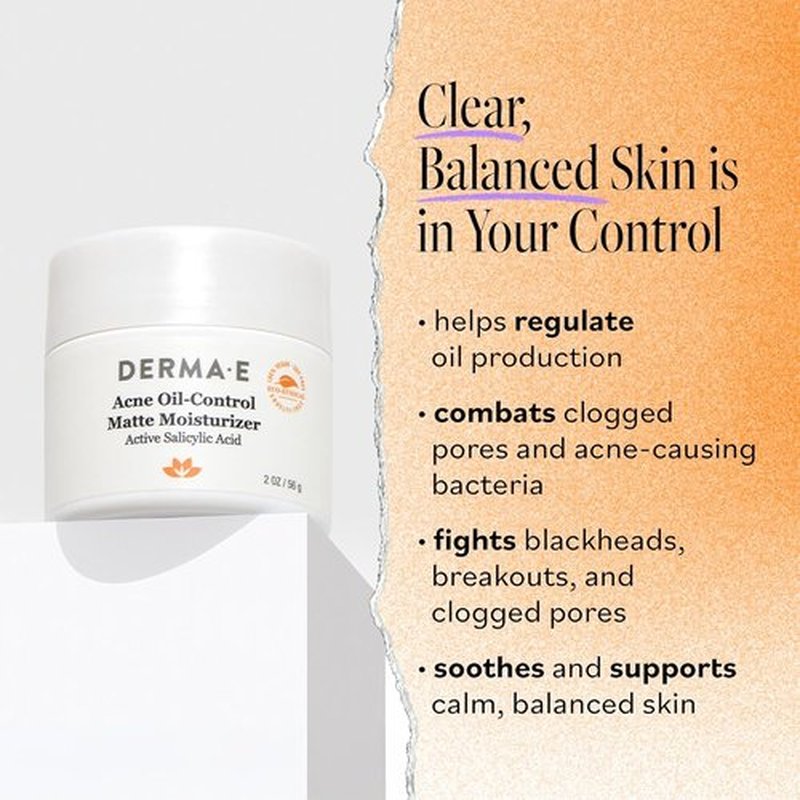 DERMA E Acne Oil Control Face Moisturizer - Matte Cream with Salicylic Acid & Tea Tree Oil | 2 Oz for Blemish-Free Skin