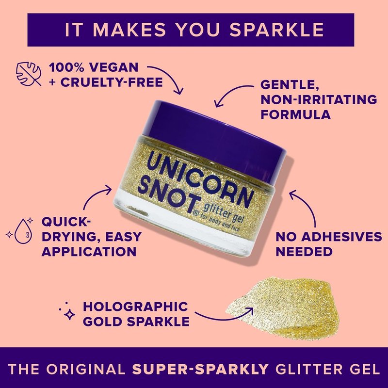 Unicorn Snot Holographic Face & Body Glitter Gel - Vegan, Cruelty-Free, 1.7 oz Gold Glitter
