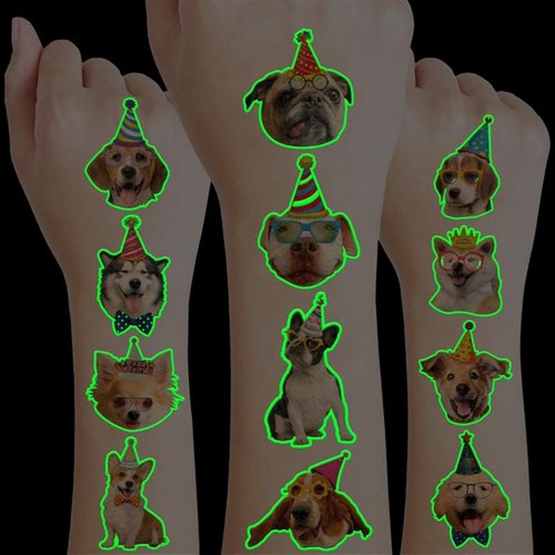 96 PCS Dog Pet Pre-Cut Luminous Glow in the dark Temporary Tattoos for Kids | Super Cute First Themed Birthday Party Favors, Supplies, Decorations, Animal Fake Tattoo Stickers Gifts for Boys Girls