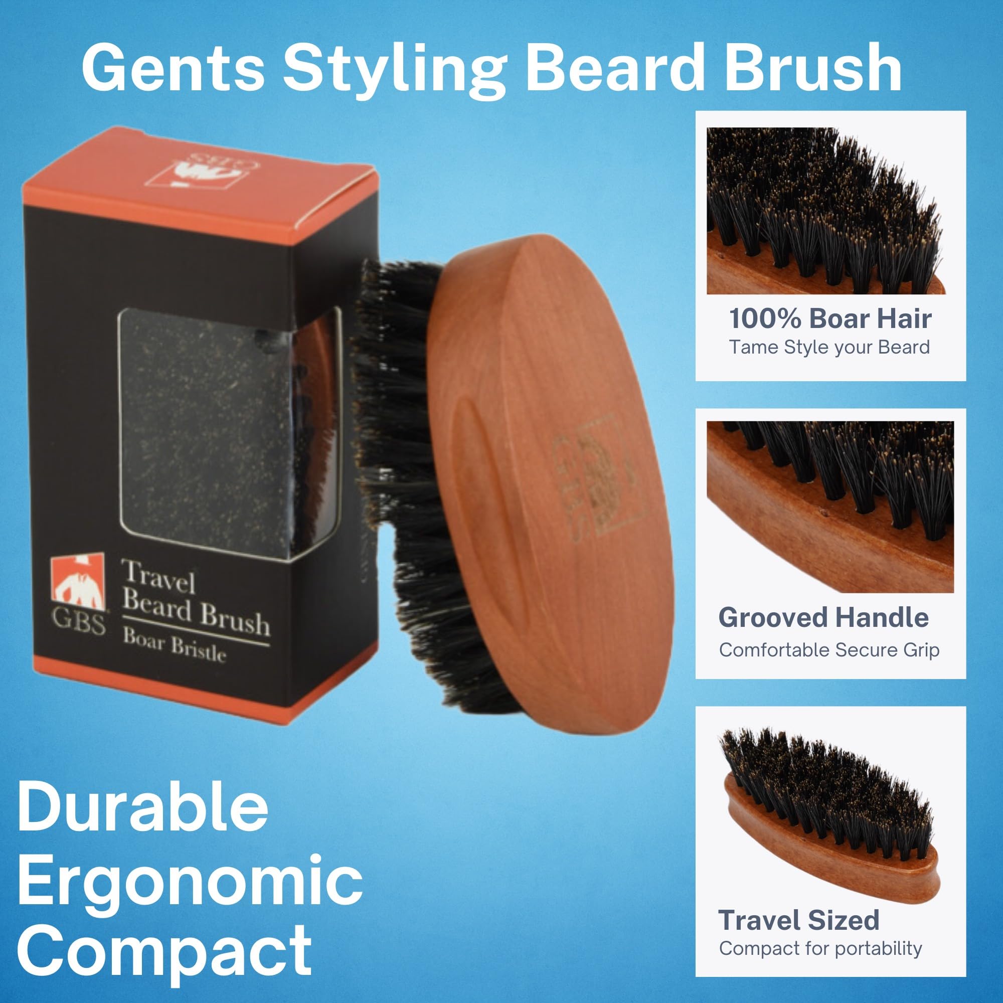 GENTS Boar Bristle Beard Brush for Men - Natural Wood Handle Grooming Kit - Travel Size Beard Care & Styling Tool for All Beard Types - 100% Natural Bristles
