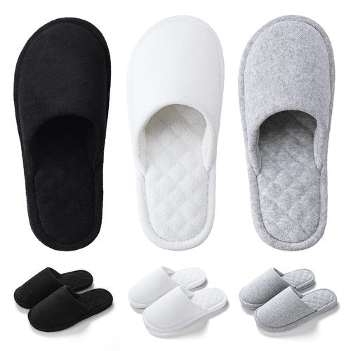 biroris 3 Pairs Closed-Toe Turkish Terry Cloth Slippers, Soft Non-Slip Indoor Slippers for Women, Machine Washable, Portable for Guest, Travel, Hotel and Spa(Black Grey White)