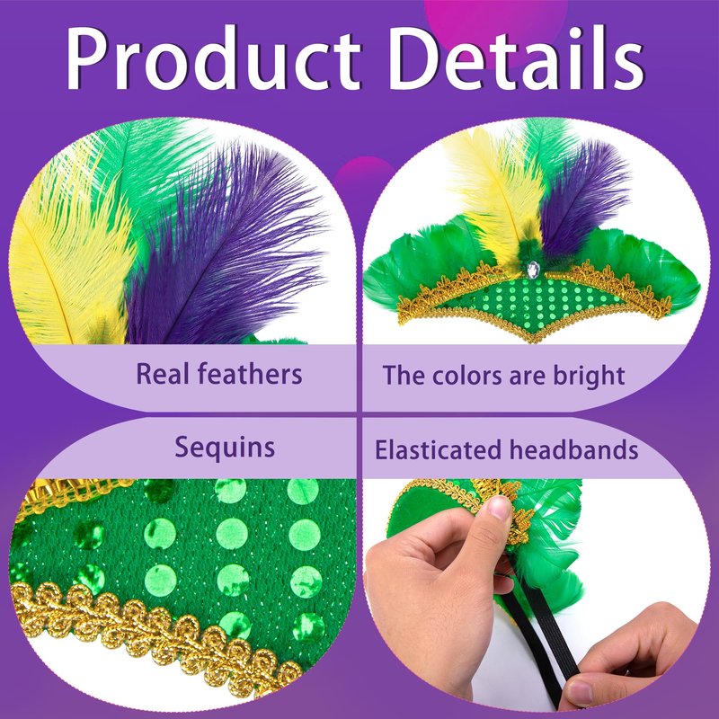 Watayo 8 Pcs Mardi Gras Feather Headband, Purple Yellow Green Masquerade Headwear, Mardi Gras Sequin Flapper Headpiece Headdress for Women Girls New Orleans Cocktail Costume Party