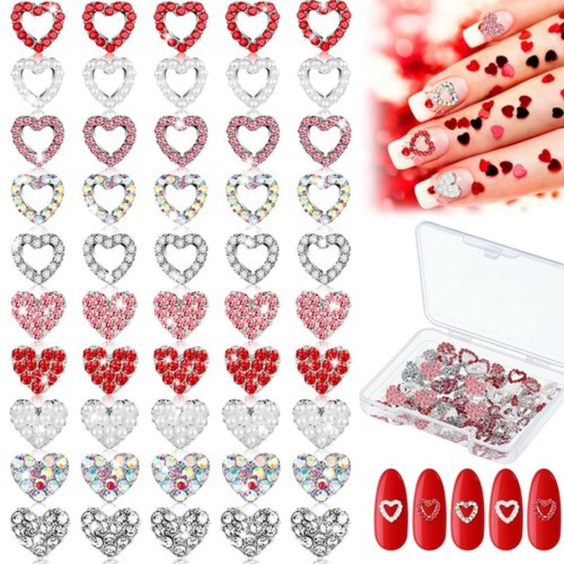 Sadnyy 100 Pcs Valentine Heart Nail Charms for Nail Art, 3D Heart Rhinestone Decals Silver Crystal Charms Diamond Alloy Gems for Women Valentine's Decorations(Elegant)