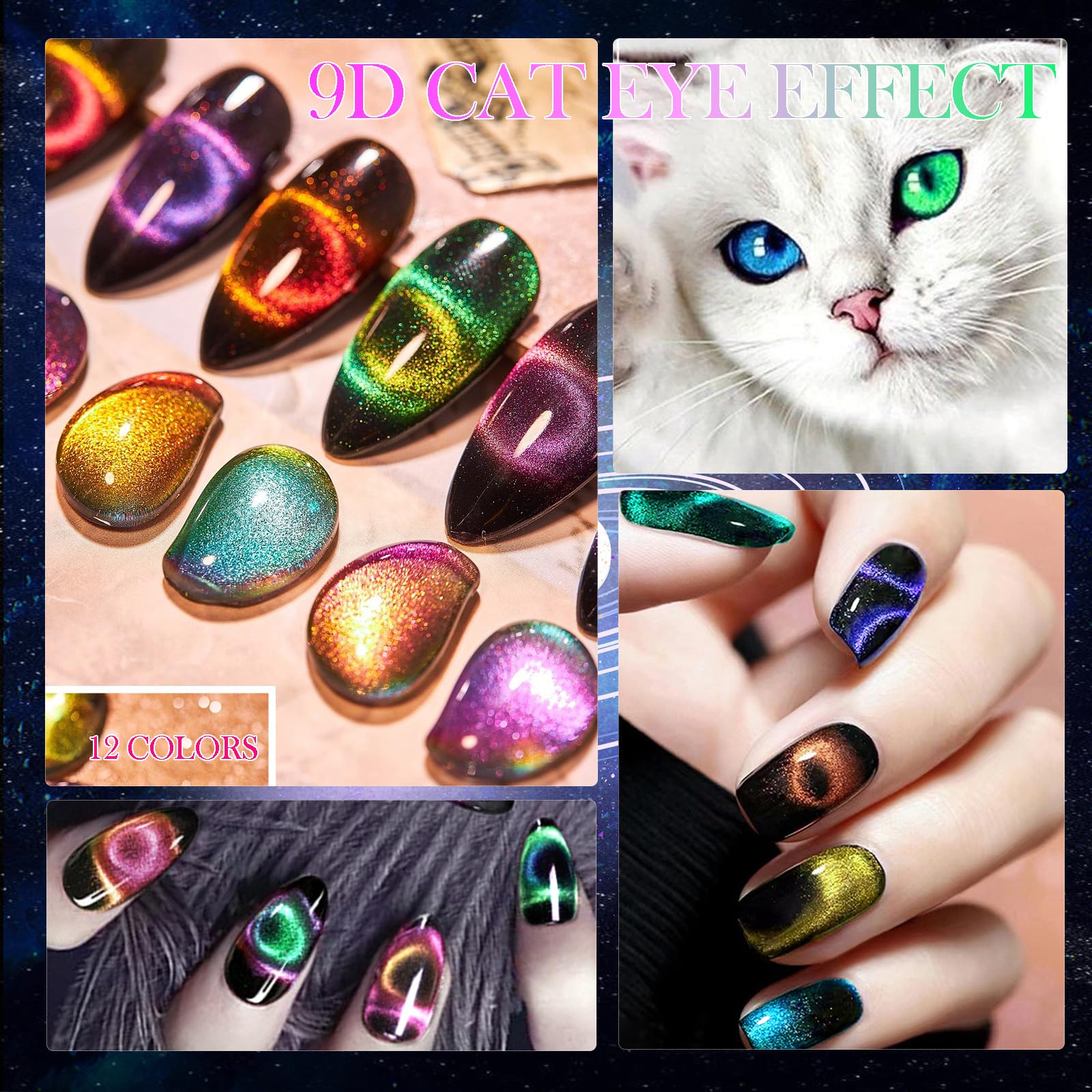 YEPYEPGO 9D Cat Eye Gel Nail Polish Set 8 Colors, Cat Eye Gel Polish with Magnet, Magnetic Cateye Chameleon Galaxy Effects Professional Use for Salon