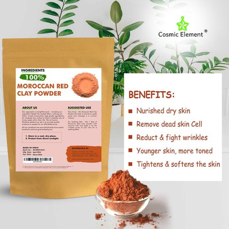 Cosmic Element Moroccan Red Clay Powder - Red Clay Powder for Skin | Suitable for Face, Body Wraps & Hair Care | Clay Mask for Face | Red Clay Masks, Wraps, Scrubs, Soaps, Bath Bombs & Detox – 4 oz
