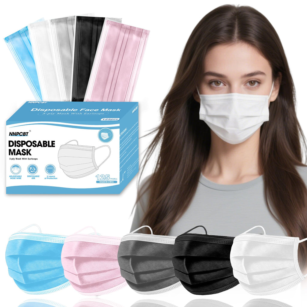 NNPCBT 5 Color Disposable Face Masks 125 Pack,3-Ply Breathable Mask For Adults,Great For Outdoors,Home, Office, School