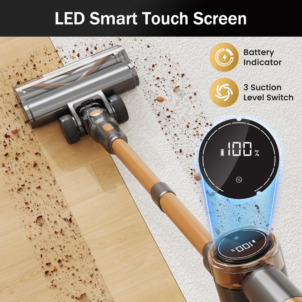 NuYupo Cordless Vacuum Cleaner, 10-in-1 Lightweight Stick Vacuum with 45mins Runtime, Powerful Suction, LED Touch Screen, Rechargeable Vacuum Cleaners for Home Hardwood Floor Carpet Pet Hair (Gold)