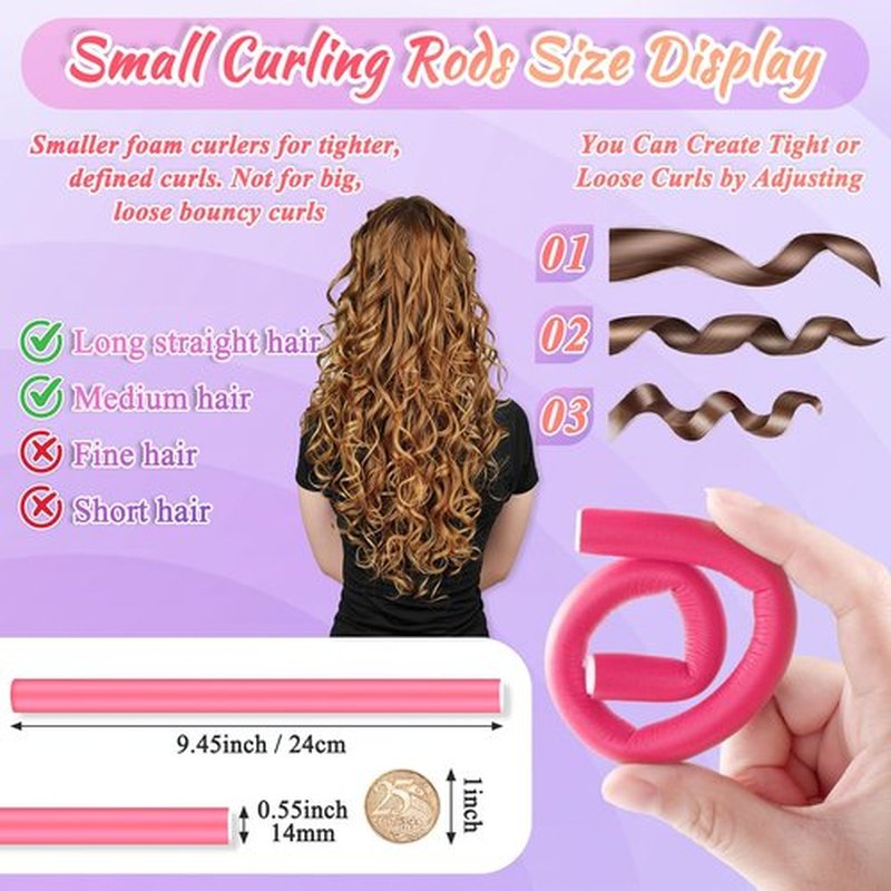 Selizo 30Pcs 9.45"x0.55" Flexible Hair Rollers, Foam Curlers for Short, Medium and Long Hair, No Heat Curlers, Hair Rods - Pink(Diameter 0.55')
