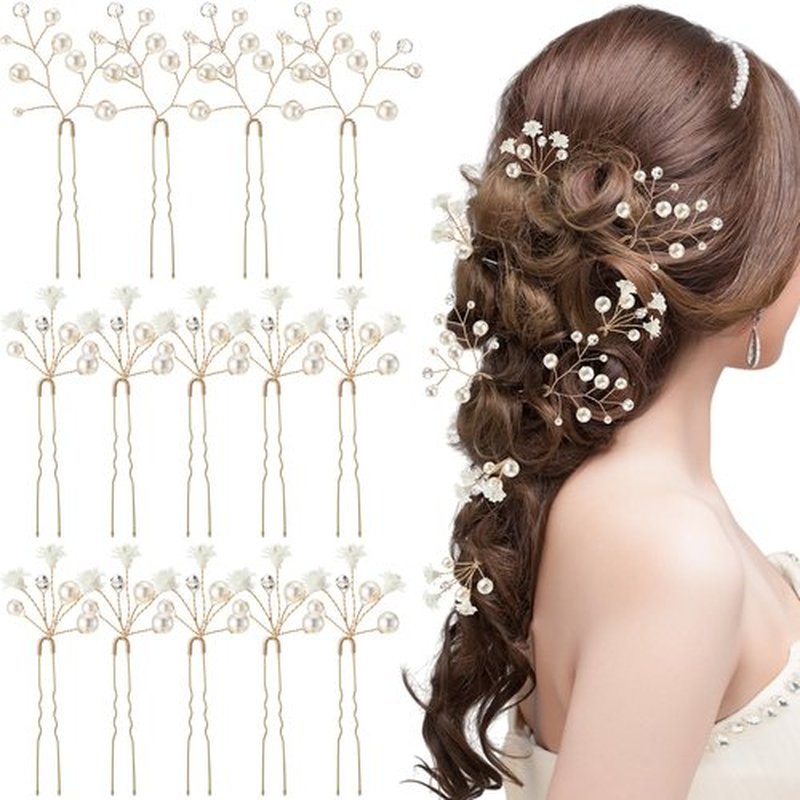 Landical 14 Pcs Baby's Breath Hair Pins Boho Bridal Pearl Flower Wedding Hair Accessories for Brides Bridesmaids Women Girls