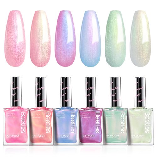 Beetles Pearl Nail Polish Set Mermaid Glow, 6 Colors Shimmer Pearl Pink Purple Quick Dry Nail Polish Long Lasting DIY Manicure Gift for Girls Women Nail Strengthener Polish