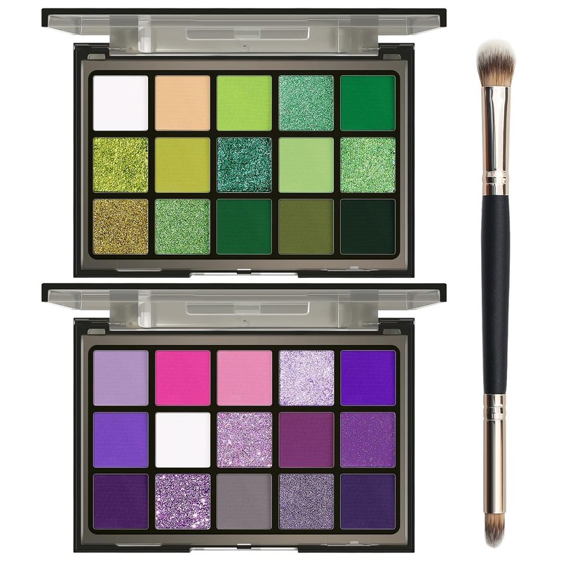 UCANBE Eyeshadow Palette Set - 2pcs Green & Purple Shimmer Matte Eye Shadows with Soft Brush for Halloween Cosplay