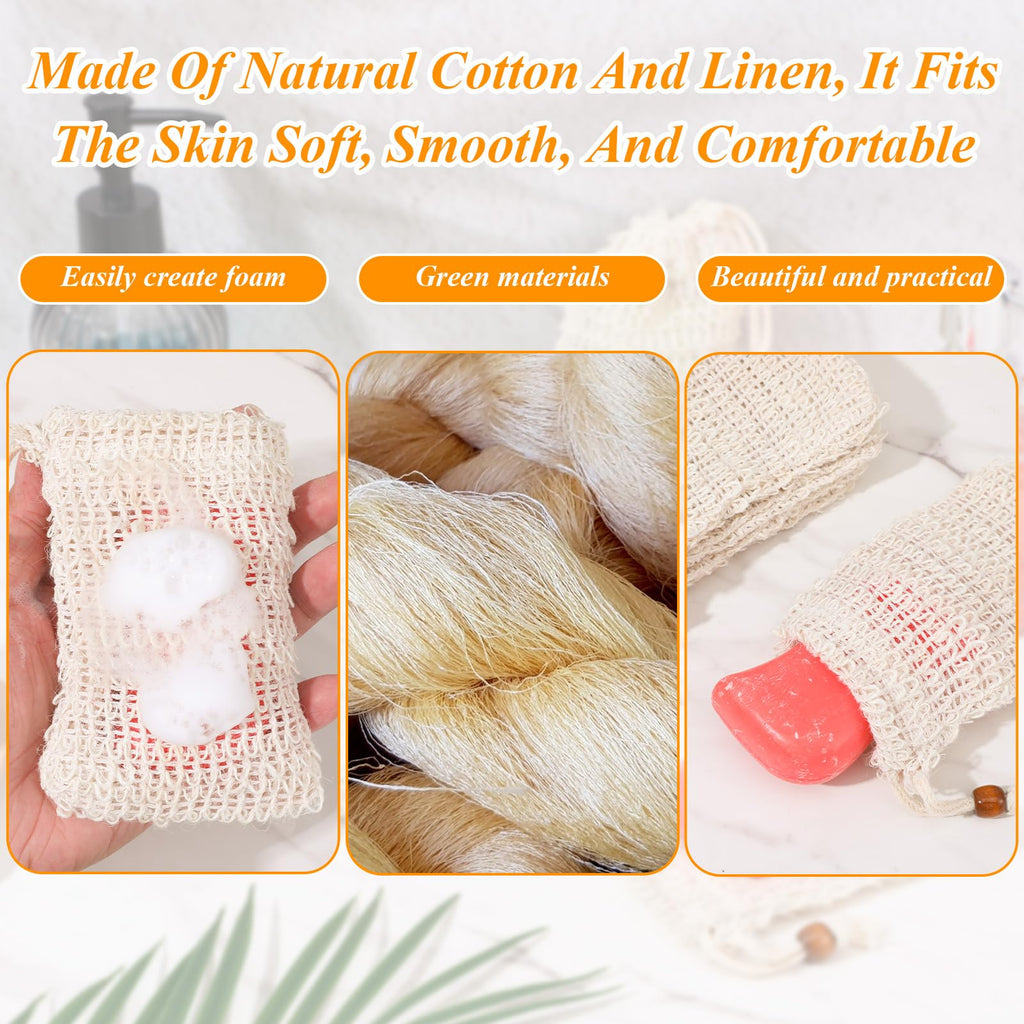 Aysatogc 6 Pack Soap Bag, Natural Sisal Soap Saver Bag Exfoliating Sisal Soaps Pouch with Drawstring Bar Shower Soaps Saver Bags Foaming and Drying Holder for Shower