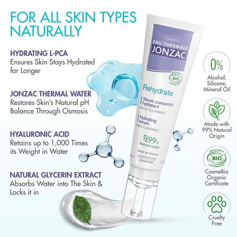 Eau Thermale Jonzac Rehydrate Organic Pure Hyaluronic Acid Hydrating Serum for Face - 24H Hydration - Plump and Repair Dehydrated Skin - Safe for Sensitive Skin - 1.01 Fl Oz