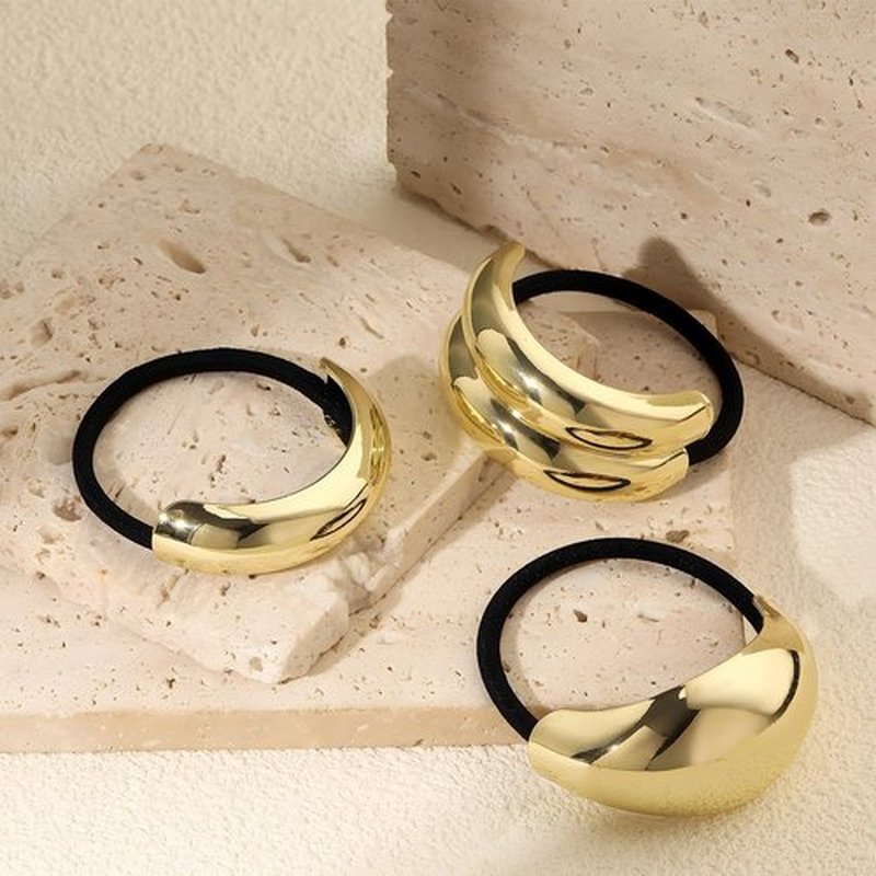 3PCS Gold Hair Ties, Metal Hair Ties for Thick Hair, Elegant Durable Geometric Design, Gold Hair Accessories Stretchy and Non-Damage Ponytail Cuff Holders, 3 Styles in Box Holiday Gifts