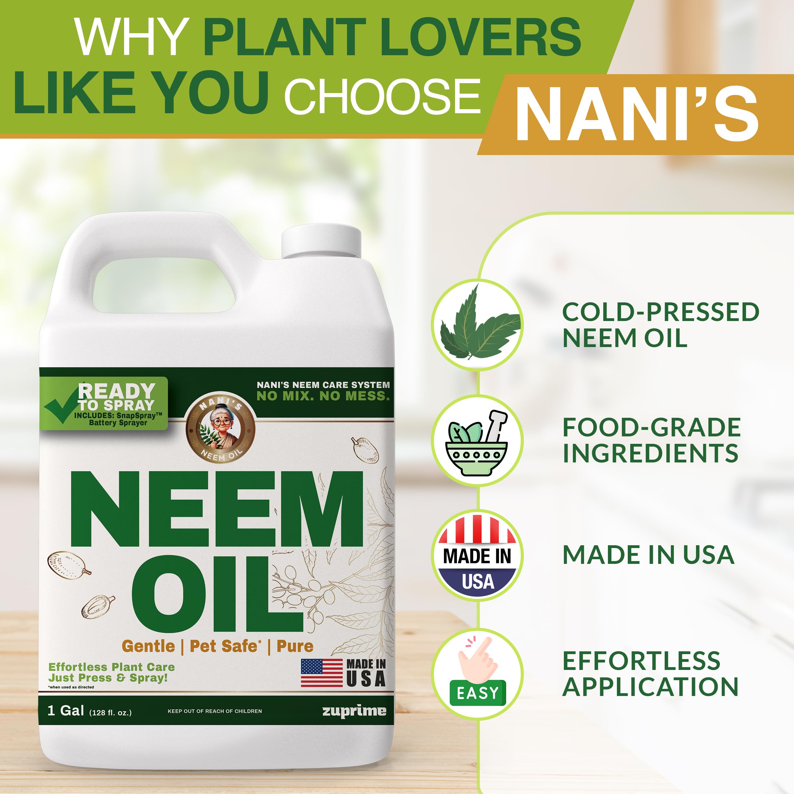 Nani’s Neem Oil Spray for Plants (1G Refill) - Ready-to-Use, Made from 100% Cold-Pressed Organic Neem Oil for Plants - Indoor & Outdoor Use for Healthier Horticultural Growth