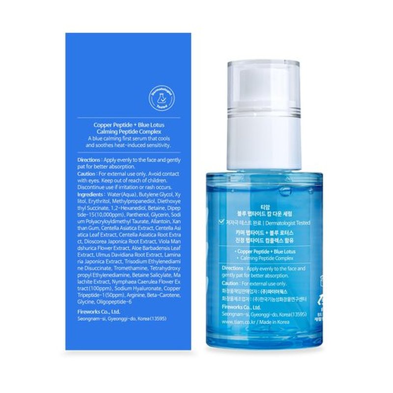 TIAM Blue Peptide Calm Down Serum, Cooling & Soothing Face Serum with Copper Peptides and Centella Asiatica, Lightweight Korean Skincare for Sensitive Skin, 1.01 fl oz