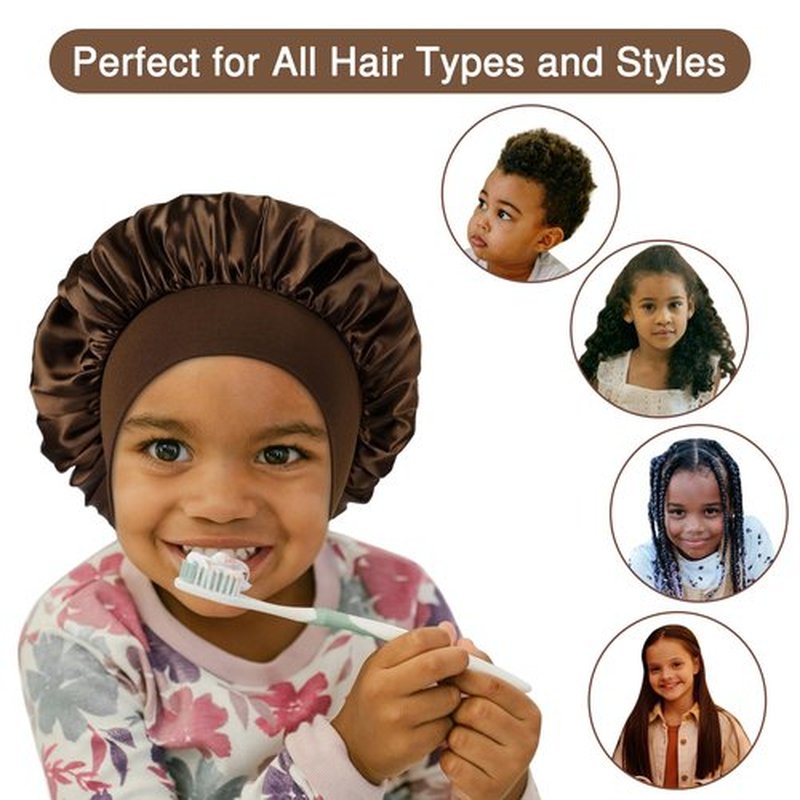 Kids Satin Hair Bonnet for Sleeping, 3 Pcs Wide Band Sleep Bonnet Hat Night Cap for Curly Hair (Black, Coffee, Dark Blue)