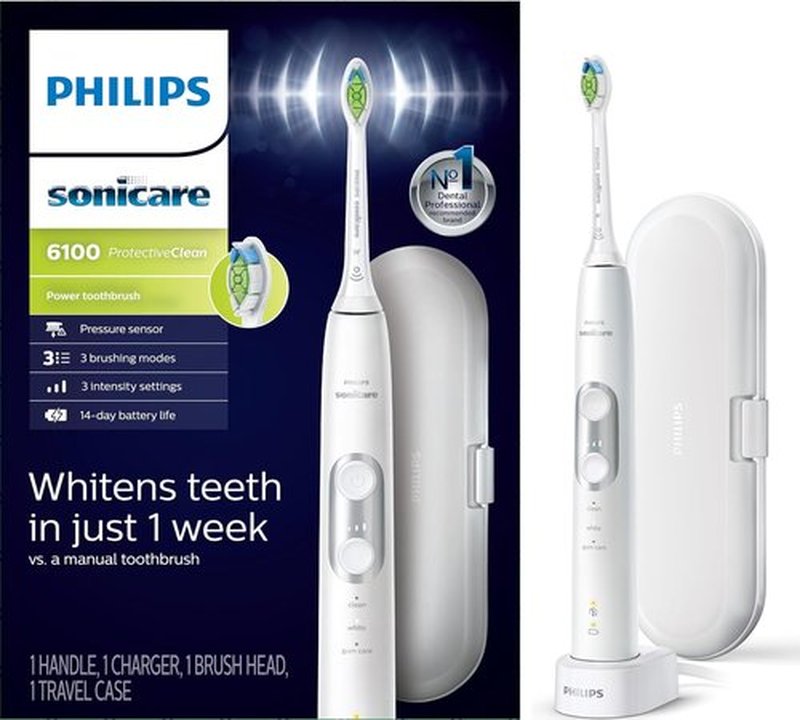 Philips Sonicare Rechargeable Electric Toothbrush - ProtectiveClean 6100 with Pressure Sensor, 3 Modes, Travel Case, White