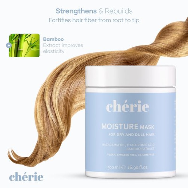 chérie Deep Conditioning Hair Mask for Curly and Straight Hair With Macadamia Oil, Hyaluronic Acid & Bamboo Extract, Hydrating for Dry Damaged, Helps Repair, Reducing Frizz & Breakage, Vegan 16.90 oz