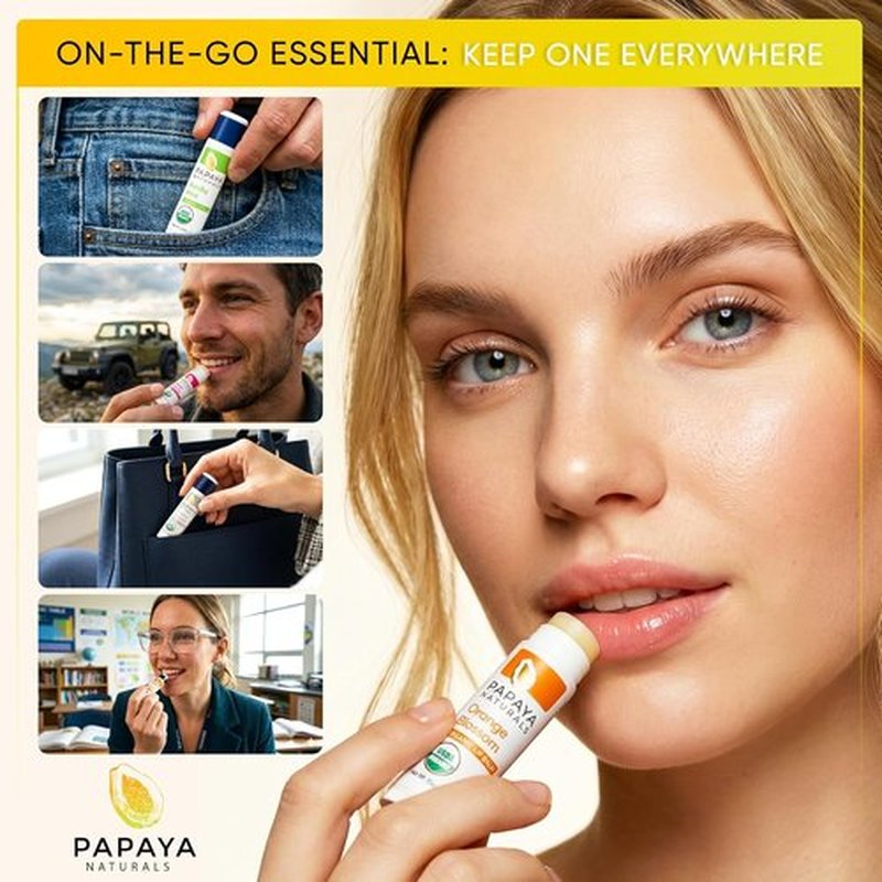 Papaya Naturals Organic Lip Balm Set - 6 Pack of Beeswax, Cocoa Butter & Vitamin E for Dry Lips | Moisturizing Fruit Flavors