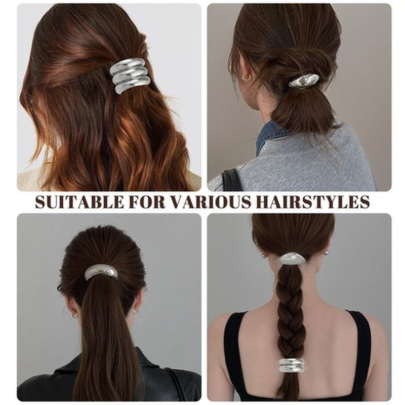 hisial 8Pcs Metal Geometric Elastic Hair Ties Non-Damage Ponytail Cuff Holders Fashion Hair Accessories for Women Hair Bands for Thick Hair(Silver Arc)