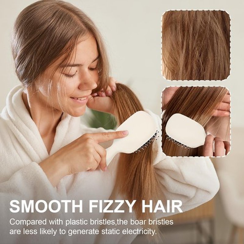 Jurrissa Mini Boar Bristles Hair Bursh, Travel Size Hair Brush for Women Men Kids, Protable Small Hair Brush for Pockets Purses, Mini Detangler Brush for Smooth Add Shine(White)