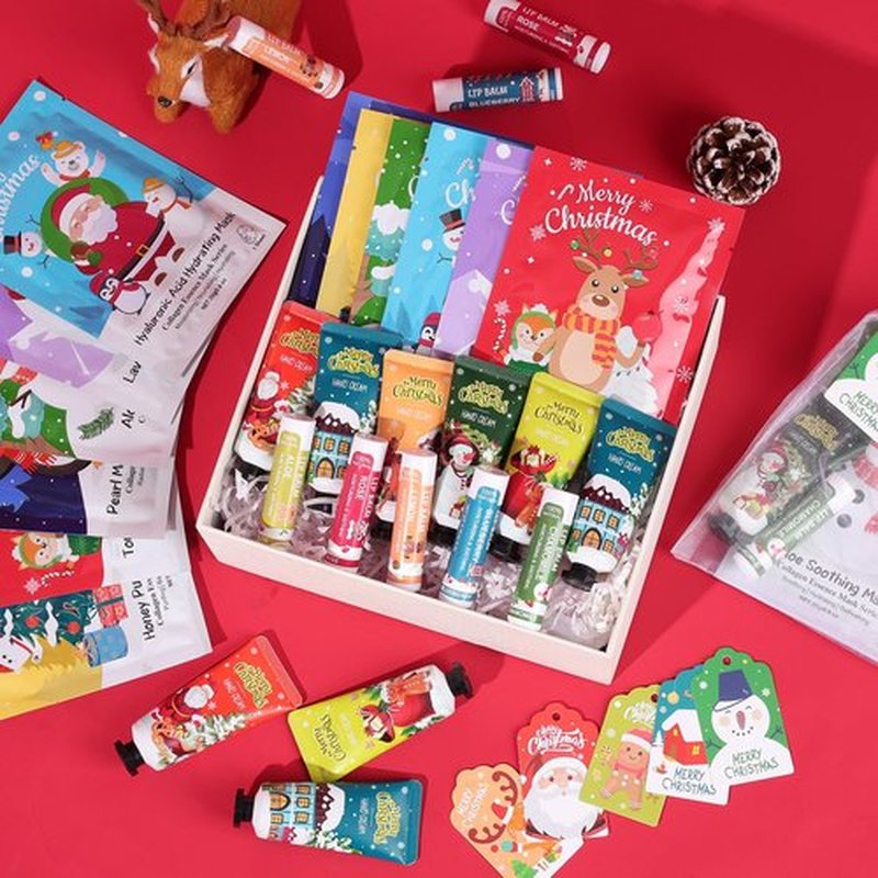KONEUK 60 Pack Christmas Hand Cream, Facial Mask and Lip Balm Set, Stocking Stuffers for Women, Bulk Christmas Gifts for Coworkers, Party Supplies, Spa Party Favors and Decorations