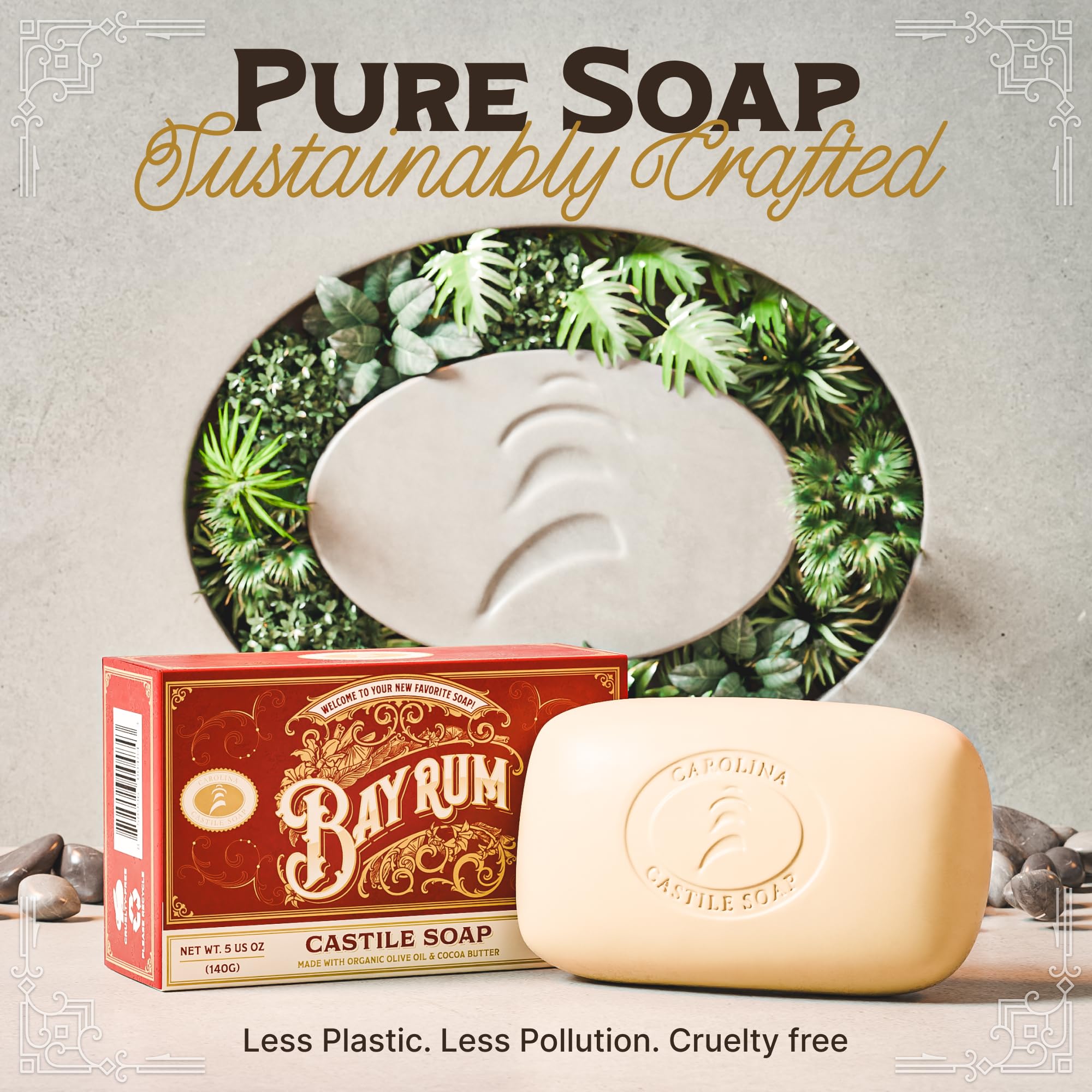 Body Wash Castile Soap Bar for Sensitive Skin – Long Lasting Natural Bar Soap for Men and Women with Olive Oil and Cocoa Butter - Vegan Bay Rum Scented by Carolina Castile, 5 oz Each