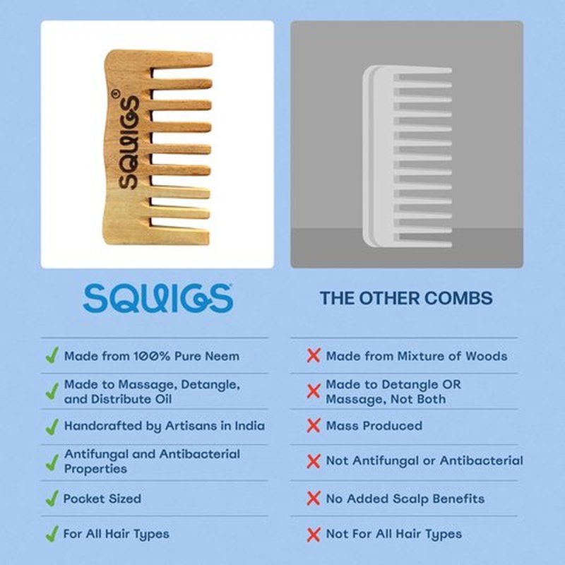 Squigs Beauty Neem Wooden Comb for Women & Men – Handcrafted Pocket-Sized Wide-Tooth Comb for Hair Detangling, Scalp Massage, Oil Distribution & Anti-Breakage – Pure Neem Wood for Hair Growth