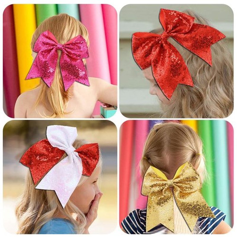 Large Sequin Glitter Cheer Hair Bows,Sparkly Bows Ponytail Holder Elastic Band for Cheerleading Teen Girls College Sports (Red Black)