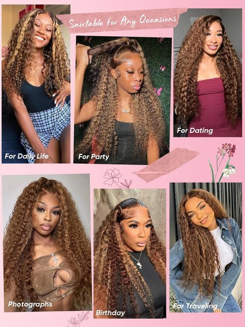 NOELLA Highlight 13x6 HD Lace Front Wigs Human Hair 20 Inch Honey Blonde Ombre Water Wave Lace Frontal Human Hair Wigs 210% Density Wet and Wavy Highlighted Curly Glueless Wig For Black Women