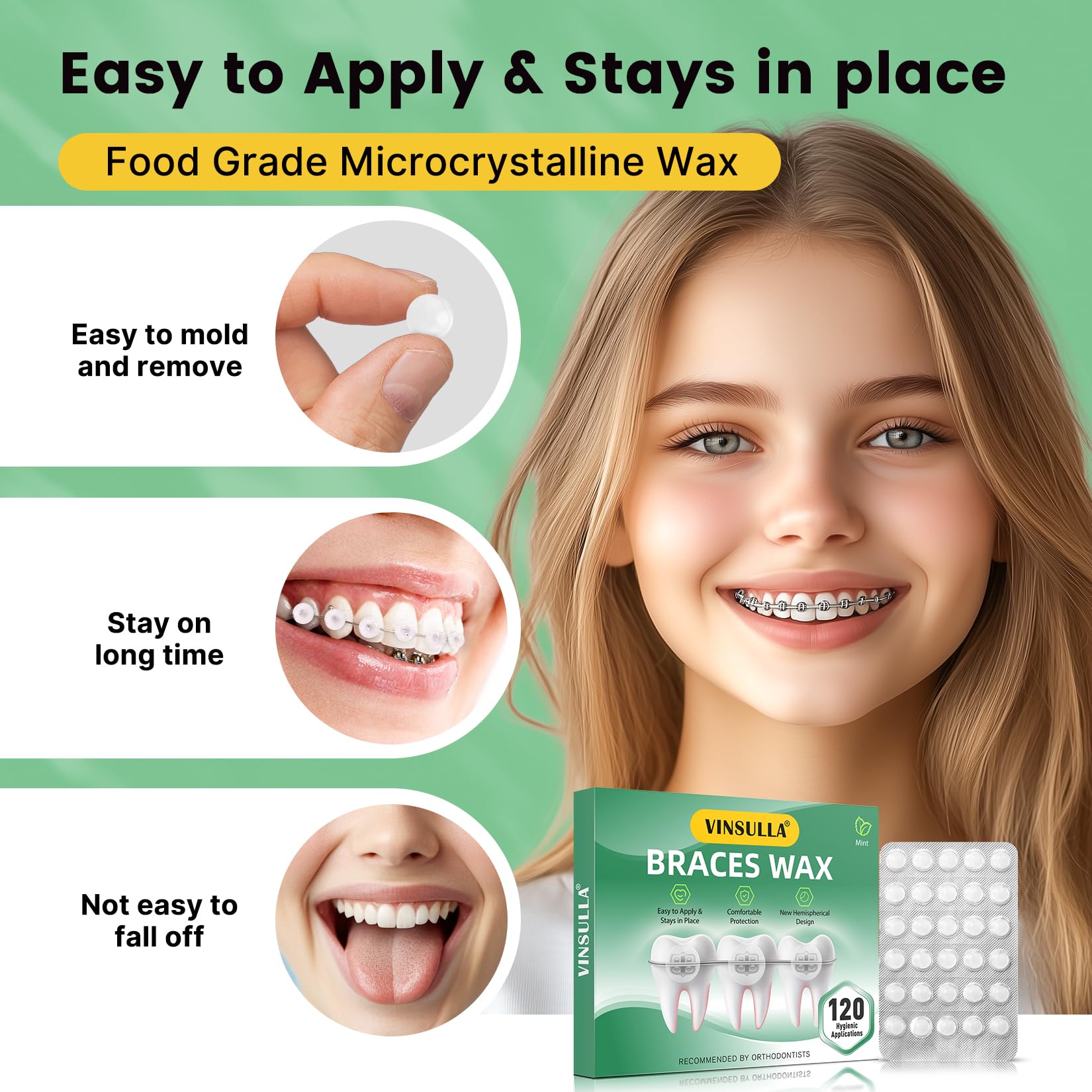 VINSULLA Orthodontic Wax for Braces Wax 120 Individual Hygienic Packaging Dental Wax Dots Mint