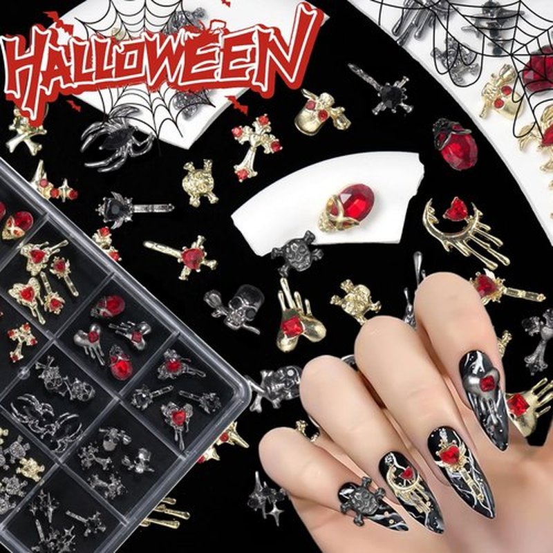 54 PCS 24Styles Halloween Nail Charms, 3D Gold Black Alloy Spider Skull Nail Rhinestones Charms Vintage Gothic Retro Nail Art Charms, Dark Cross Moon Heart Nail Gems and Charms Nail Accessories