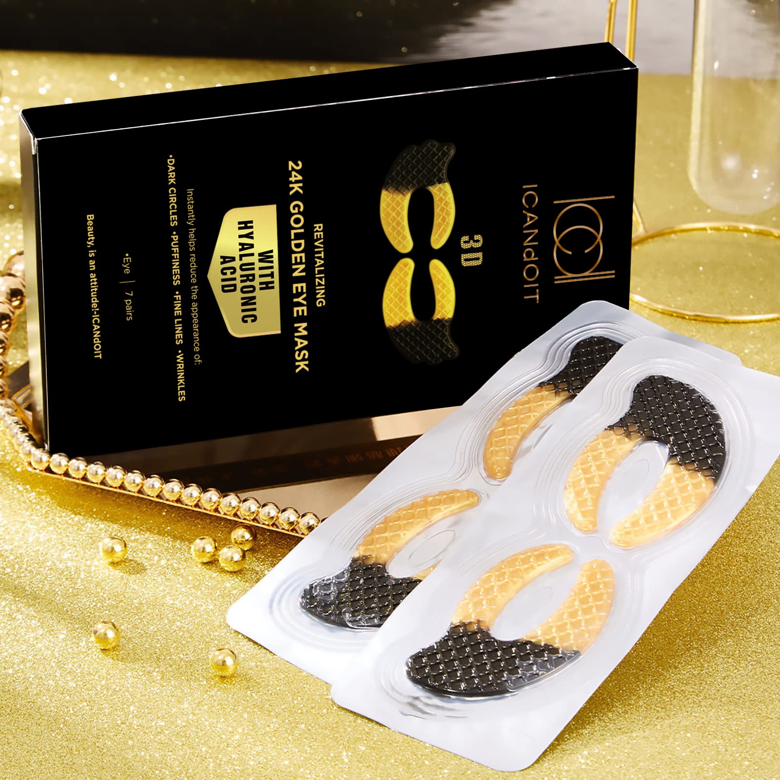 ICANdOIT 24K Gold Eye Mask For Dark Circles&Puffiness,Anti-Aging,Anti-Wrinkle With Hyaluronic Acid and Collagen,Eye Zone Care Eye Patches for All Skin Types,7Pairs/box