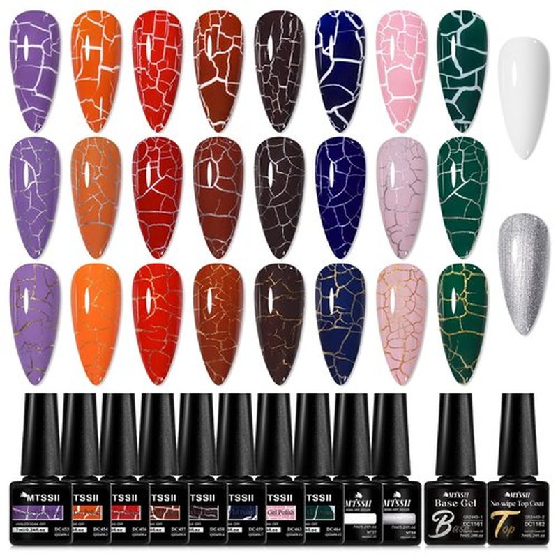MTSSII 12pc Crackle Gel Nail Polish Set - 8 Colors, Amazing Crackle Effect, Long-lasting, UV LED Lamp Needed