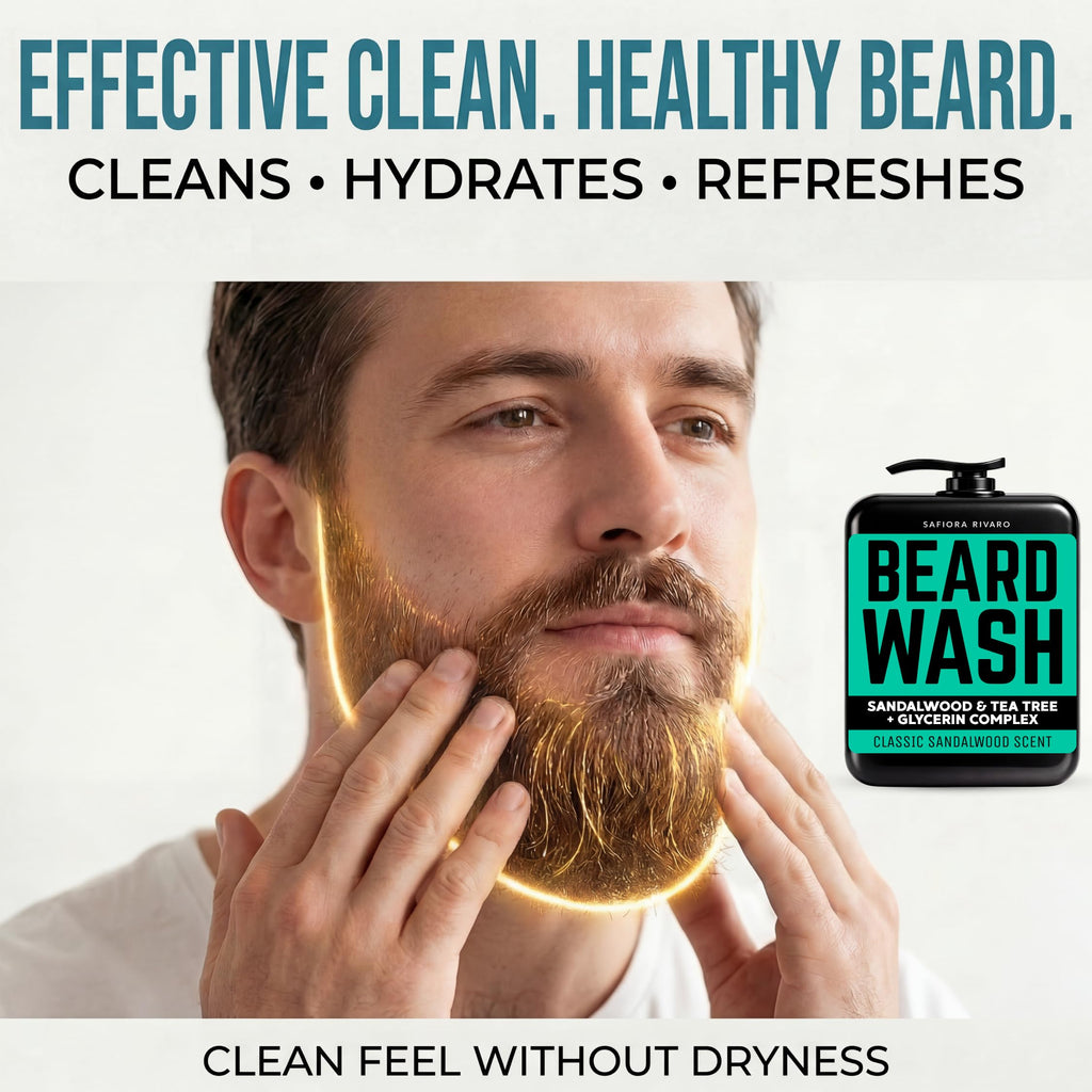 Safiora Rivaro Beard Wash for Men with Tea Tree & Sandalwood – Hydrating Beard Shampoo Softener for Coarse Hair, Grooming Cleanser for Daily Care Routine – Moisturizing Wash for Black Men (16 Fl Oz)