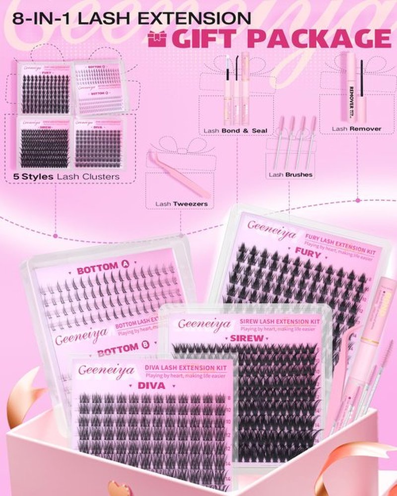 Geeneiya Lash Clusters Kit, 5 Styles Eyelash Clusters Kit, FURY/SIREW/DIVA/Bottom Cluster Eyelash Extensions with Lash Bond and Seal, Remover and Lashes Tools for Beginners, DIY Lash Extension Kit