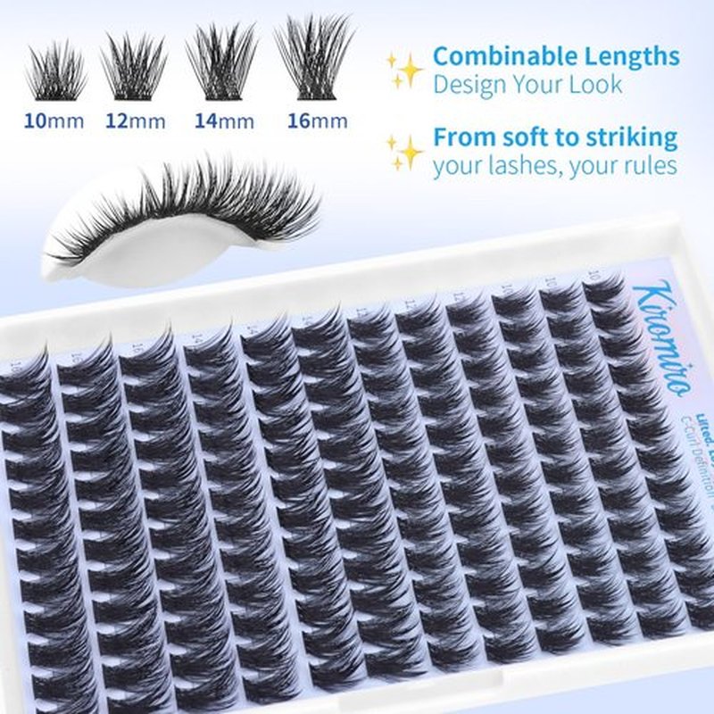 Kiromiro Lash Clusters 10-16mm Cluster Eyelash Extensions Wispy DIY Cluster Lashes Extension 144pcs Individual Lashes Nautral Eyelash Clusters C Curly Lashes Clusters