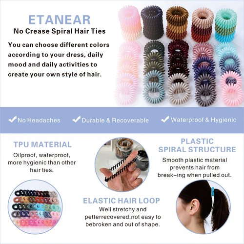 ETANEAR Spiral Hair Ties, 60-Pc Elegant Hair Scrunchies Elastic Hair Ties for Women's Hair Comfortable, Non-Slip, No Damage Perfect for Various Occasions/Styles, Ideal Gift for Girls, Kids