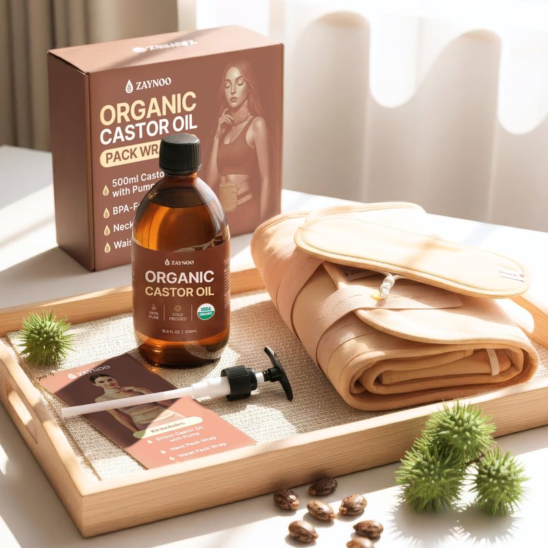 Zaynoo Castor Oil Pack Wrap Kit with 16.9oz USDA Organic Cold-Pressed, Hexane Free Castor Oil with BPA Free Pump, 2 Reusable Soft Organic Cotton Pack Wrap with Adjustable Straps for Neck & Belly