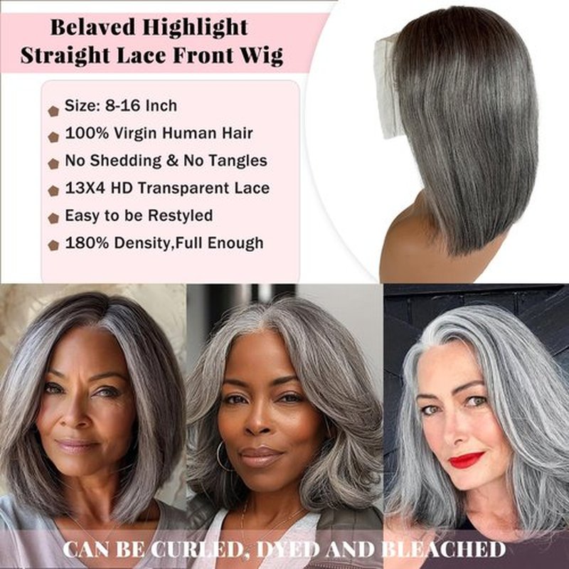 Grey Salt & Pepper Short Bob Wigs Human Hair 13×4 HD Lace Front Silver Real Human Hair Free Part Pre Plucked Hairline Bleached Knots Reusable No Tangle Triple Lifespan Straight for Women12Inch