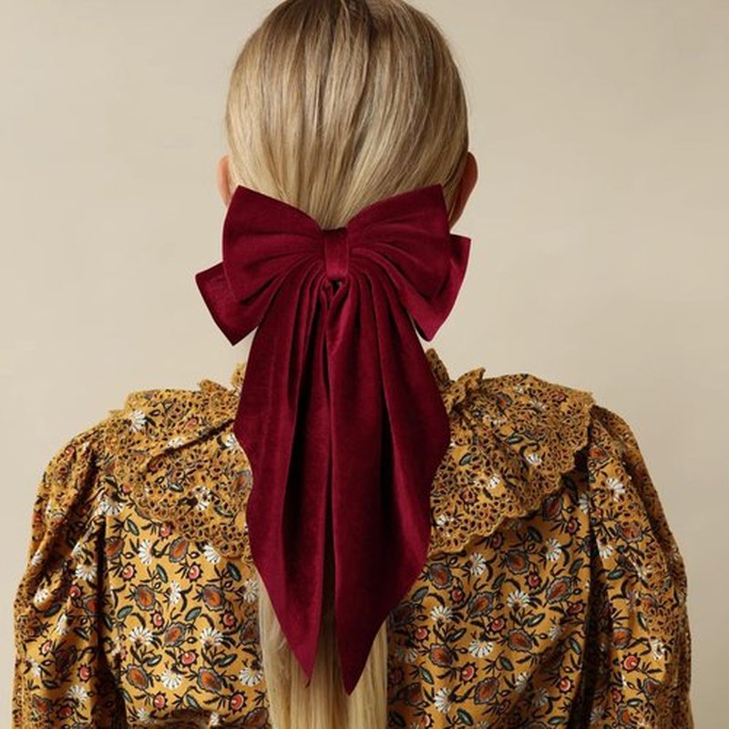 2PC Dark Red Velvet Hair Bows Hair Ribbon Clips Oversized Bowknot Hair Barrettes With Long Tail Vintage Hair Decoration Accessories for Women Girls Thick Curly Wavy Straight Hair
