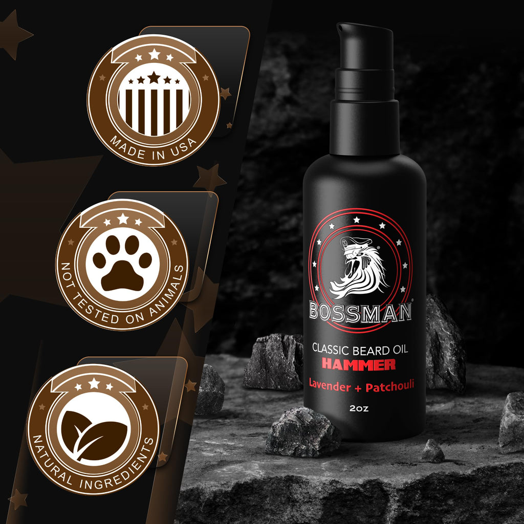 Bossman Organic Mustache & Beard Oil for Men, 2 oz – Natural Beard Moisturizer with Jojoba, Argan & Avocado Oils (Hammer Scent)