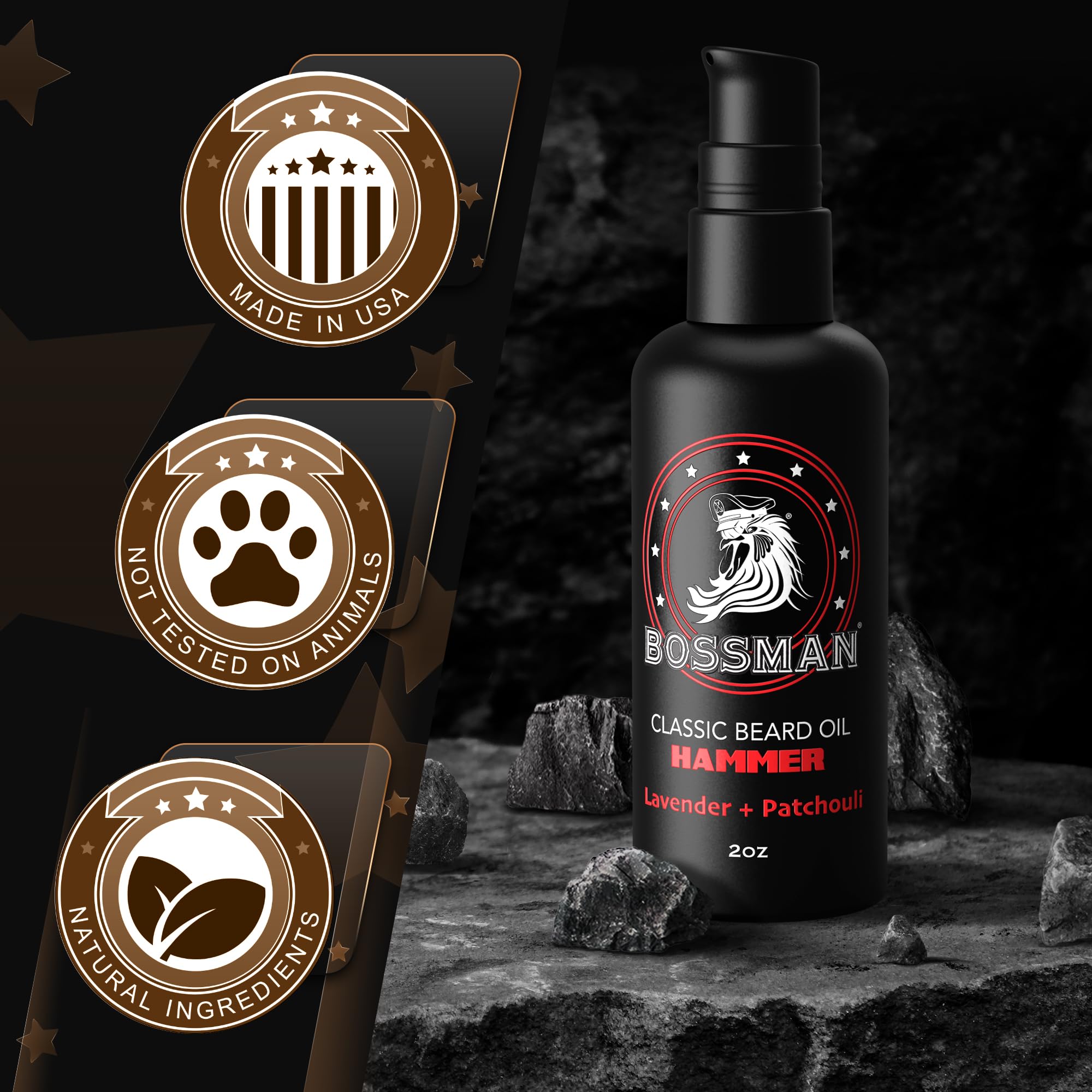 Bossman Organic Mustache & Beard Oil for Men, 2 oz – Natural Beard Moisturizer with Jojoba, Argan & Avocado Oils (Hammer Scent)